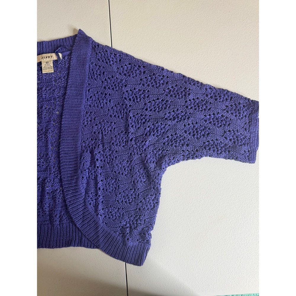 Jenny Cardigan Women XL Purple Cotton Pointelle Open Knit Cropped Boho Shrug - Picture 6 of 6